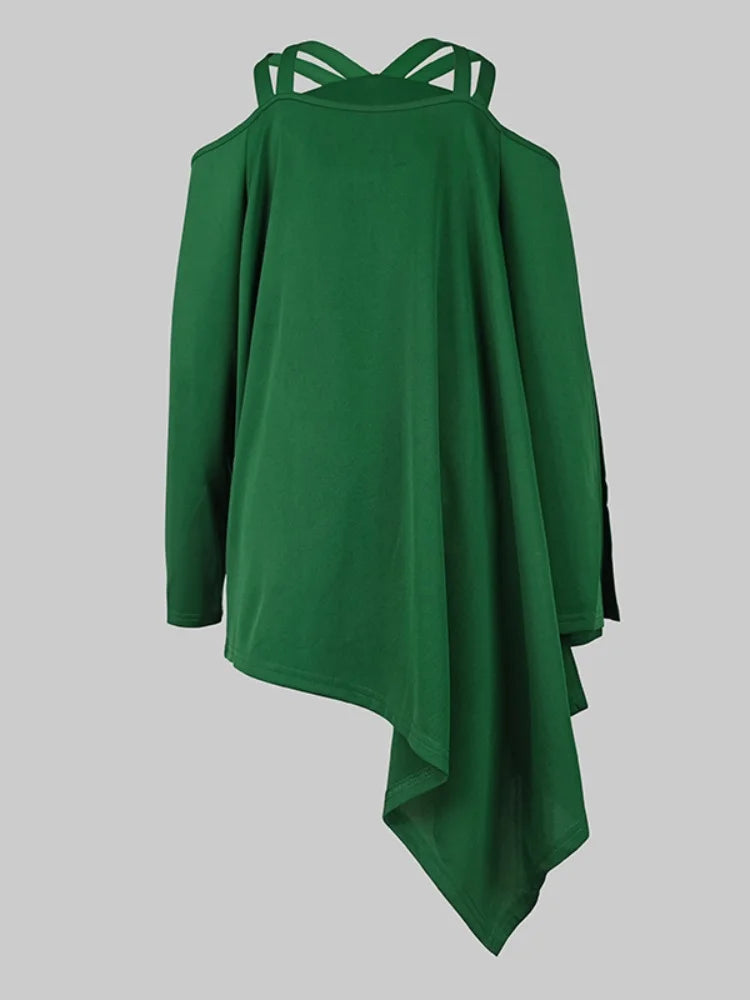 Women's Minimalist Daily Tops Hollowed Cold Shoulder Halter Long Sleeve Loose Pleated Shirt Elegant Asymmetric Blouse