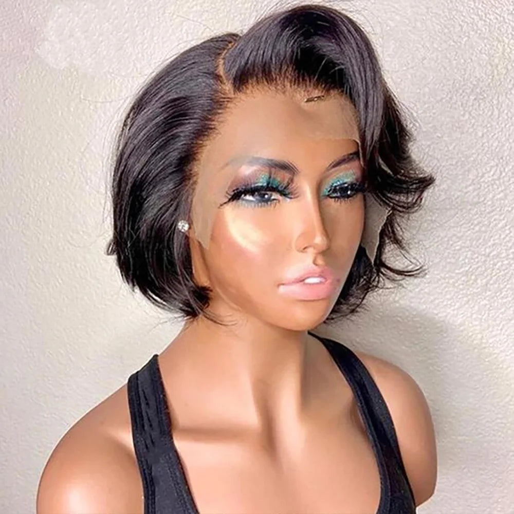Natural Color Side Part BOB Lace Wig Pixie Cut Wigs For Women Remy Straight Human Hair Transparent T Part Gluess Lace Bob Wig