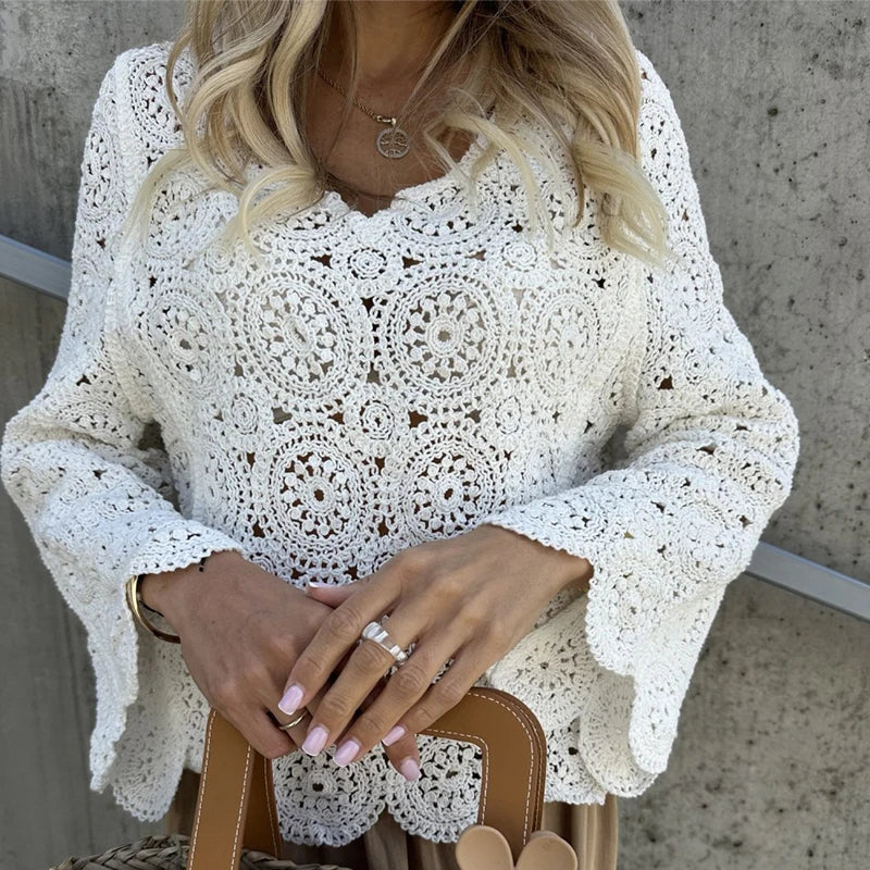 New Casual Solid Color Beach Cover Tees Sexy V-neck Long Sleeved Crochet Top Summer Vacation Hollow Out Knitted Women's T-shirt