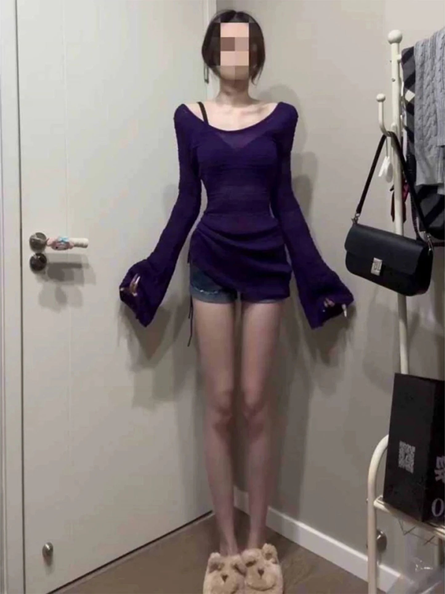 Women's Purple Y2k Knitted T-shirt Harajuku Tee Top Vintage 90s Aesthetic Oversize Flare Sleeve T-shirts 2000s Emo Clothes 2025