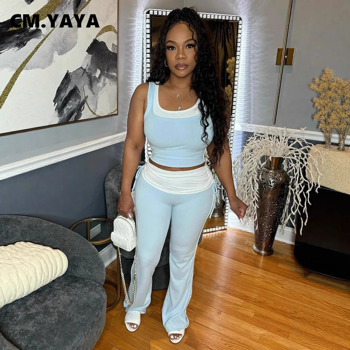 CM.YAYA Fashion Knit Ribbed Patchwork Women's Set Sleeveless Tank Tops and Flare Pants Tracksuit 2025 Two 2 Piece Sets Outfit