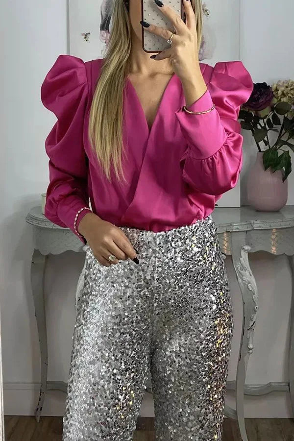 Spring Solid Color Commute Satin Shirt Pullover Fashion V-Neck Puff Long Sleeve Blouses Female Temperament Pleated Ruffled Tops
