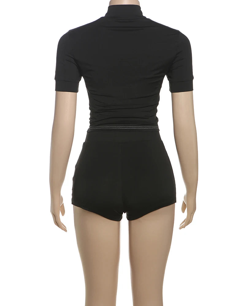 Weird Puss Summer Women Casual 2 Piece Set Tracksuit Zip Patchwork Shorts Sleeve Crop Tops+Shorts Stretch Sporty Outfits