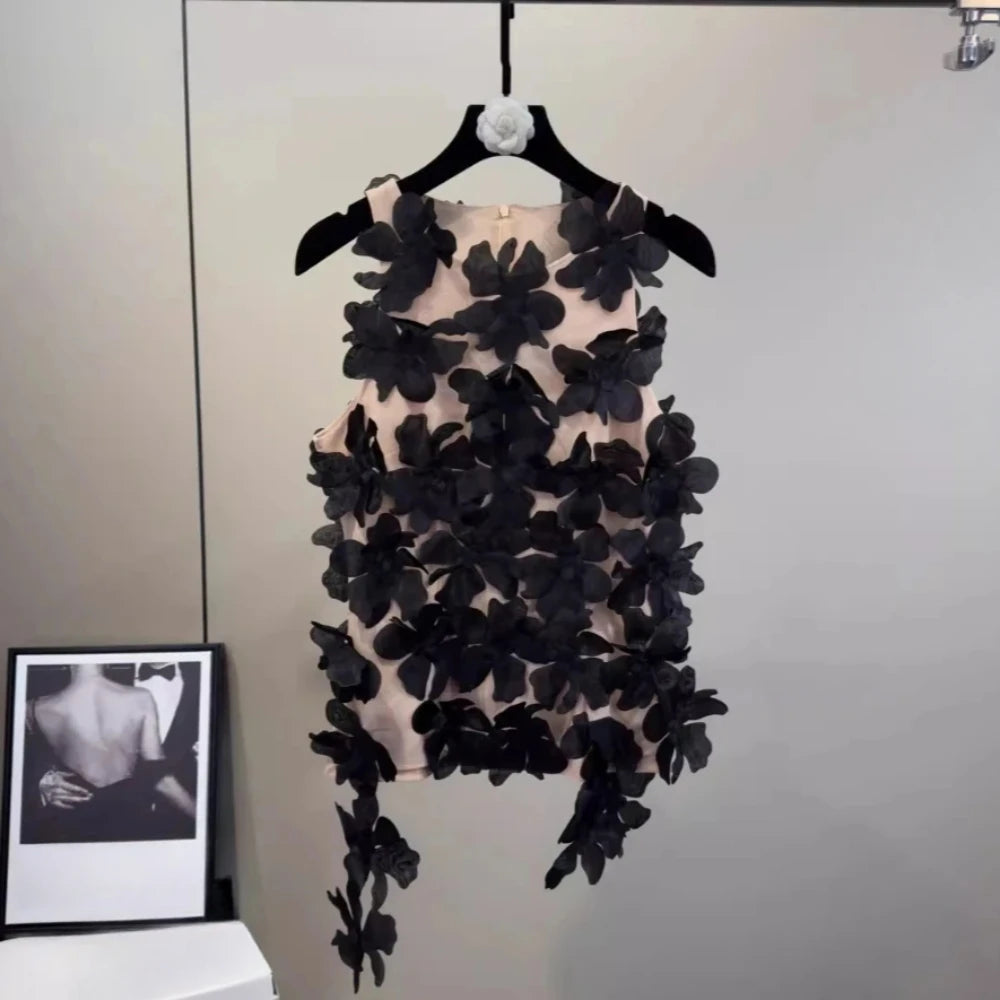 VGH Solid Spliced 3D Petal Tank Tops for Women Round Neck Sleeveless Patchwork Zipper Sheer Mesh Vest Female Fashion Clothing