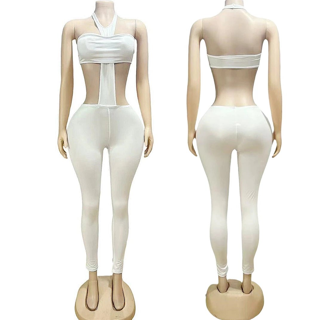 FAGADOER Y2k Sexy Two Piece Outfits Woman Halter Sleeveless Backless Crop Top and Skiny Pants Suits Female Streetwear Clothing