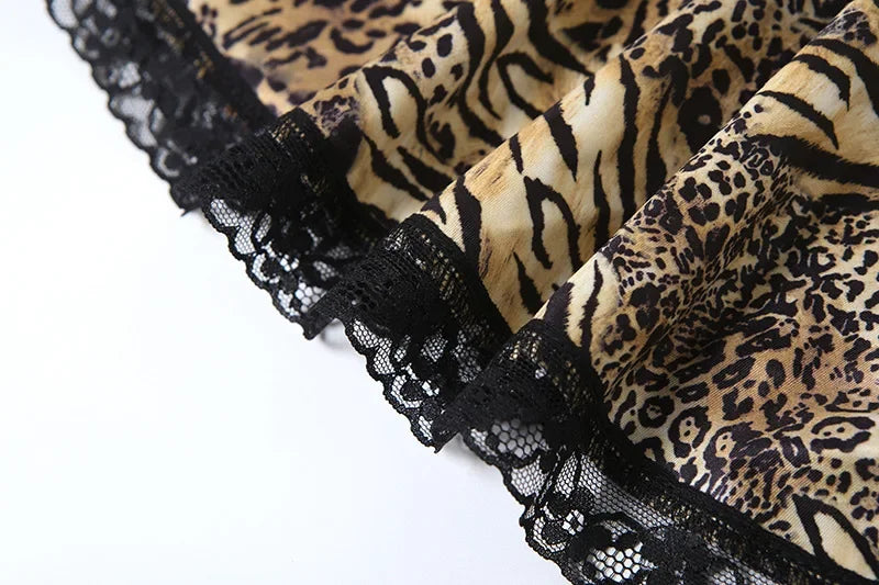 Sexy Skirt Women Product Backless Slim Fit Perspective Lace Leopard Print Patchwork Suspender Short Dresses 2025 Autumn Winter