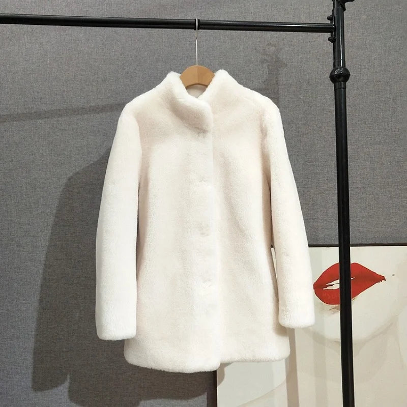 Mid Length Stand Collar Shearling Coat