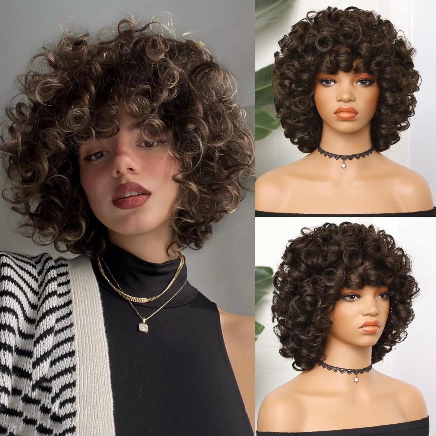 Curly Wigs for Black Women Short Kinky Curly Black Wigs for Women Big Curly Afro Soft Wig with Bangs Heat Resistant Natural Cute