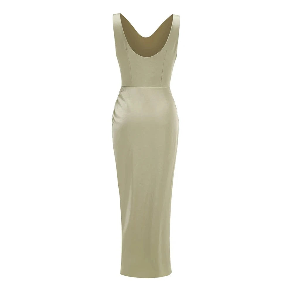 Women's Elegant Slip Sleeveless Cowl Neck Ruched Midi Dress Light Green Satin Material with Side Slit for Luxury Evening Party