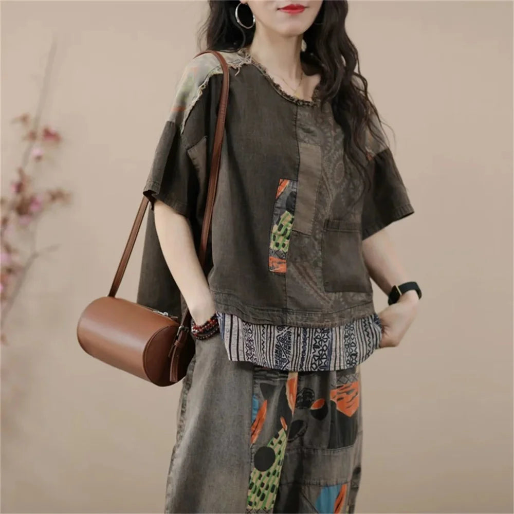 2024 Female Korean Ethnic Style Denim Harlan Pants Sets two-piece Women's Summer New Small Casual High-end Clothing Printing Set