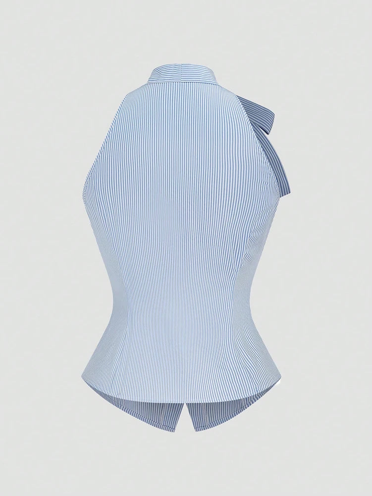 Women's Plus Size Scholar Style Teenage Casual Sleeveless Bow High Waist Slim Fit Striped Top Asymmetrical/Irregular Backless