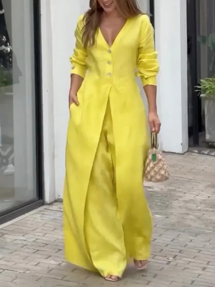 BeautyBlue Jumpsuits for Women V-neck Overalls 2025 New Elegant High Waisted Buttoned Pockets Solid Color Office Jumpsuit Female