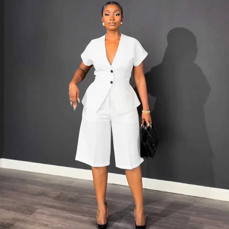 Elegant Workwear Two Piece Set with V Neck Top and Knee Length Shorts for Women