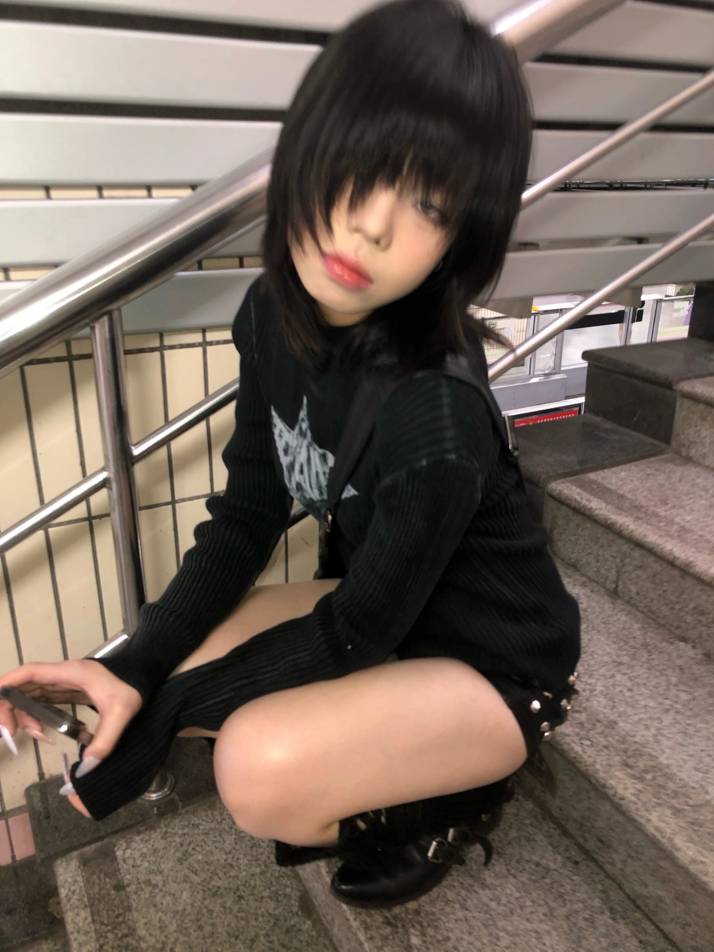 Karrram Japanese Y2k Black Knitted Tops Trashy 2000s Style Long Sleeve Knit T-shirt Vintage Harajuku Distressed Knitwear Grunge