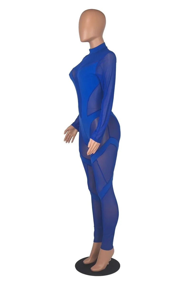 Sexy Sheer Mesh Jumpsuits Women Party Club Outfits Skinny Patchwork Long Sleeve See Through Rompers Womens Jumpsuit Midnight
