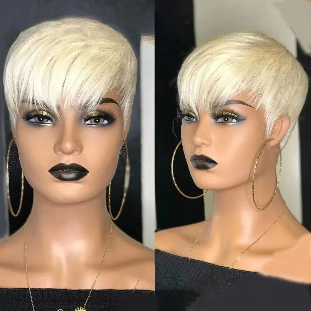 Human Hair Short Pixie Cut Wig 4# Staright Layered Pixie Cut Wig P4/27 Ombre Brown Full Machine Made Burgundy Red Color 613#