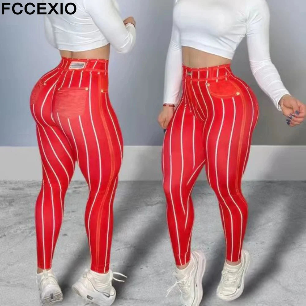 FCCEXIO Fashion Denim Stripe Print Women Sports Leggings High Waist Running Sexy Tight Fitness Workout Yoga Gym Push Up Cowboy P