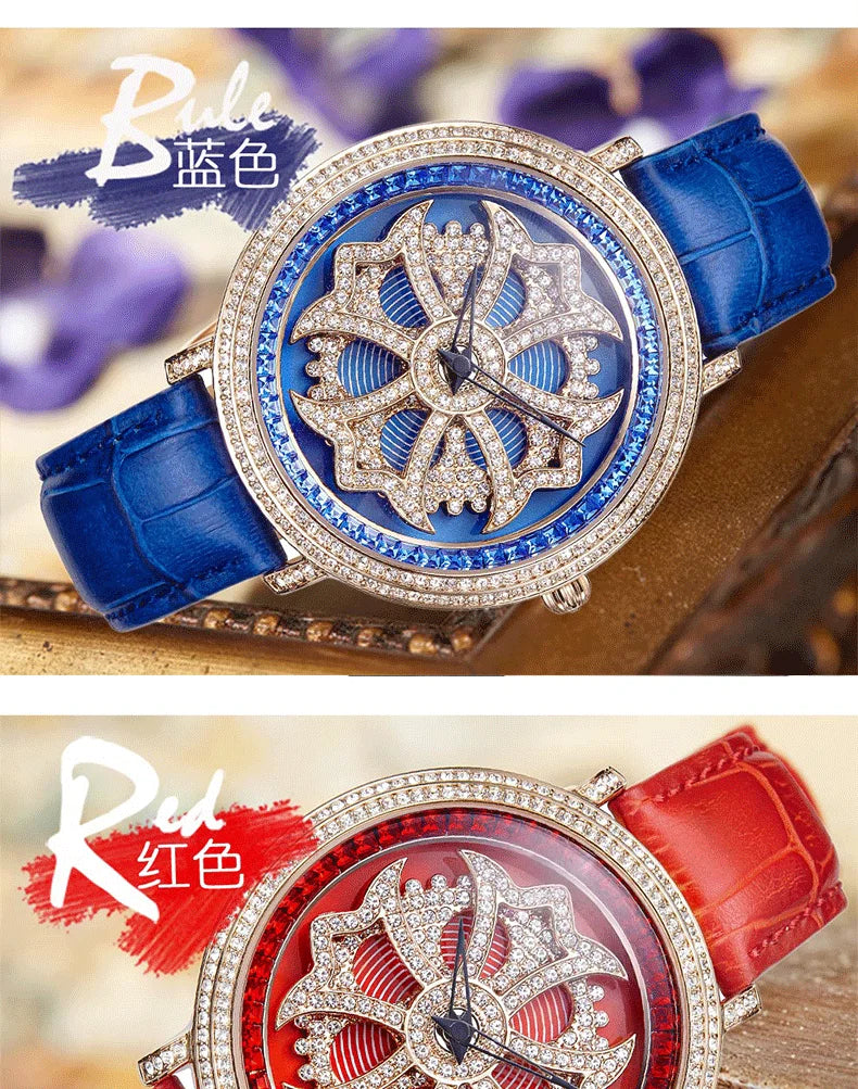Luxury Davena Spin Snow Flower Women's Watch Japan Mov't Crystal Lady Hours Fine Fashion Real Leather Bracelet Girl's Gift Box