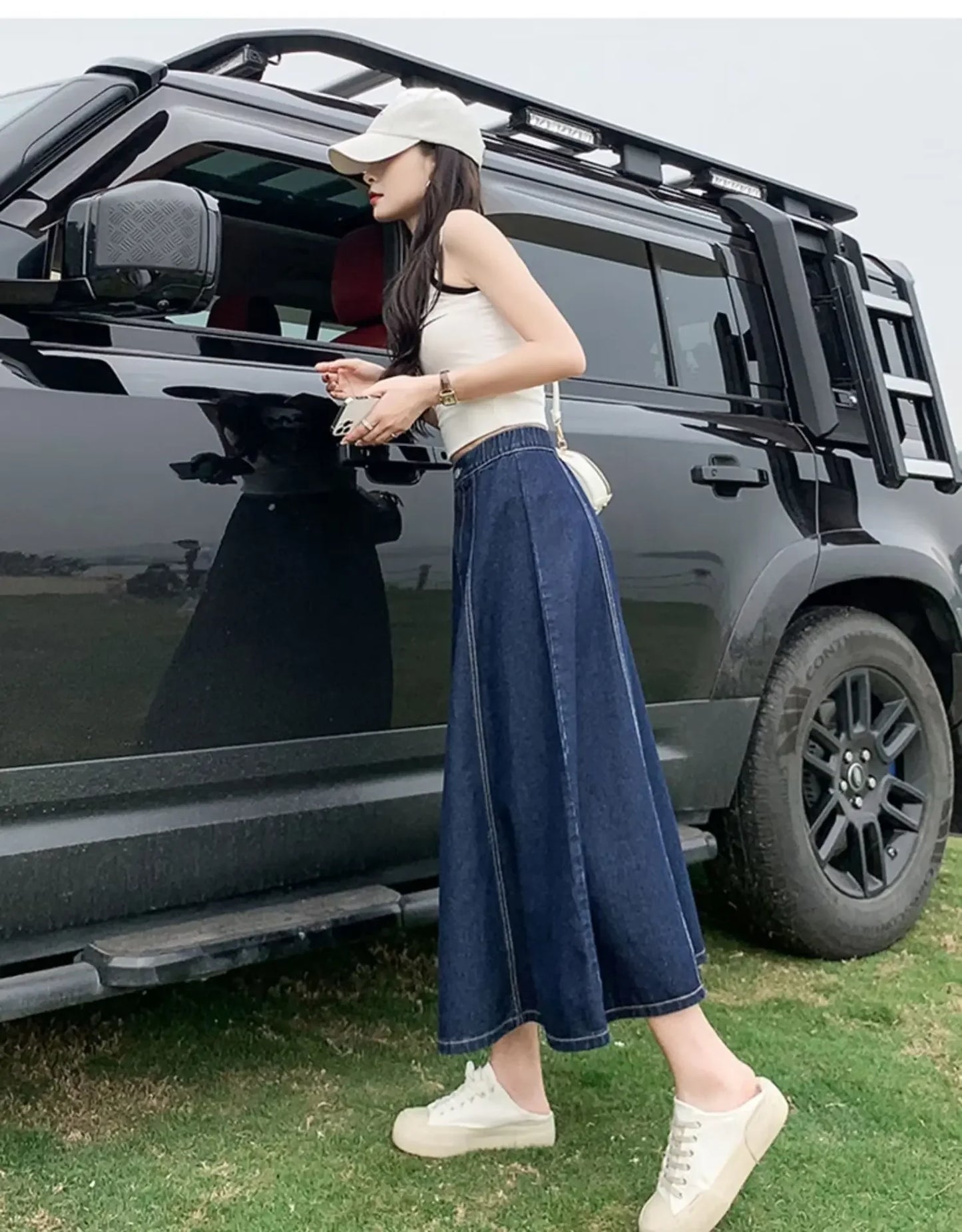 Fashionable Spring Medium-Length High-Waisted Jeans Long Dress Women's Elastic Waist A- Line Skirt Umbrella Skirt