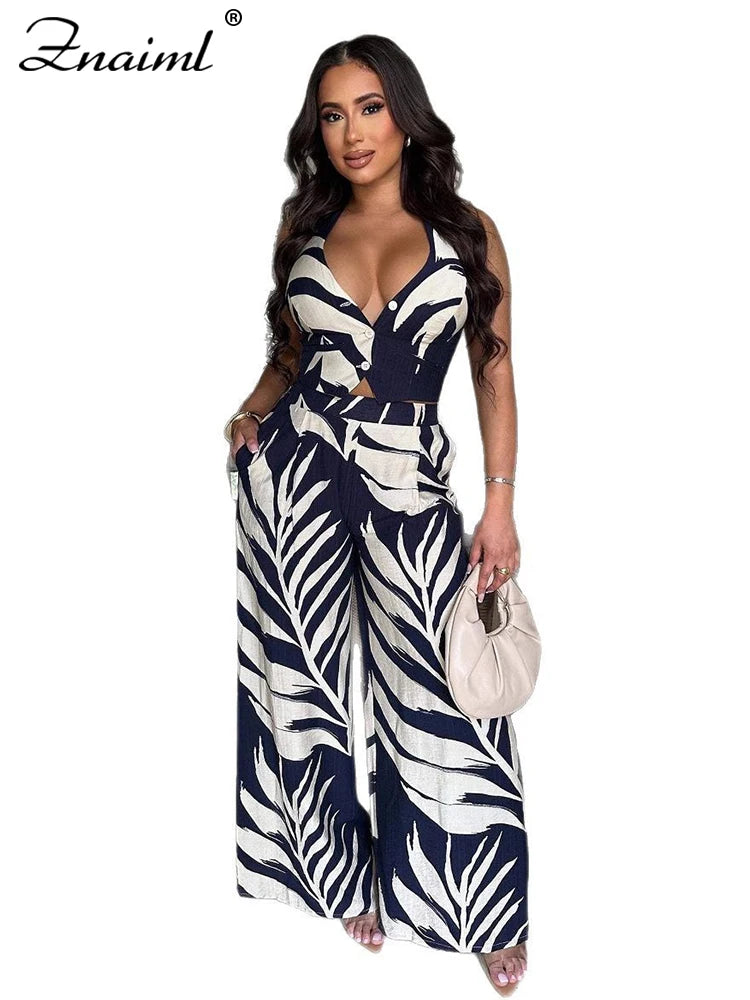 Znaiml Sexy Boho Leaf Printed Wide Leg Pants Sets for Women Halter Sleeveless Crop Tops and Trousers Two 2 Piece Vacation Outfit
