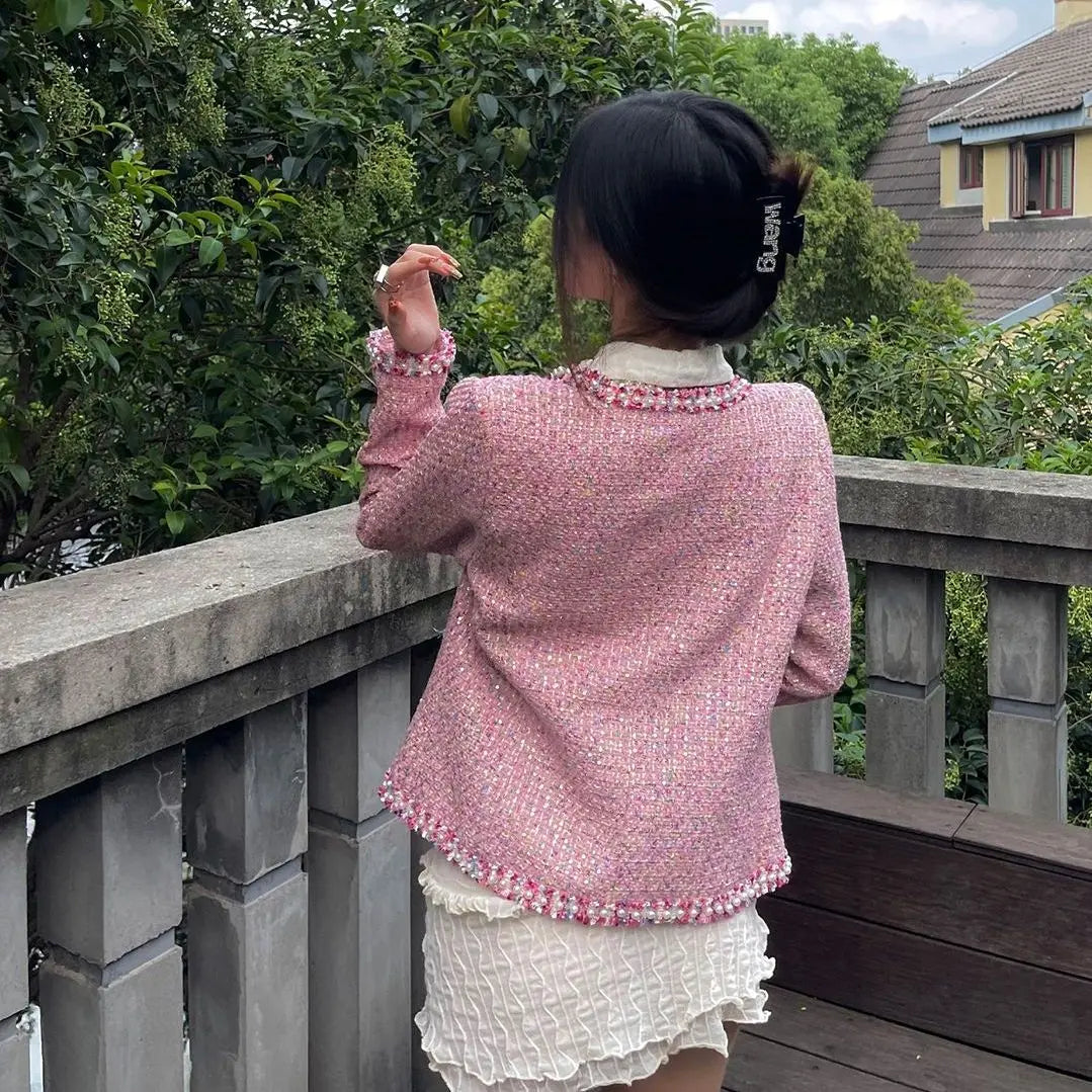 Elegant Pink Long Sleeve Jacket With Pockets for Women