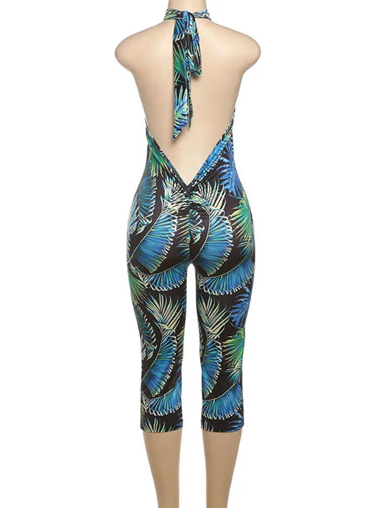 Weird Puss Sexy Print Halter Romper Women Bandage Summer Colorful Hipster Backless Activity Workout Fit Tight Stretch Playsuits