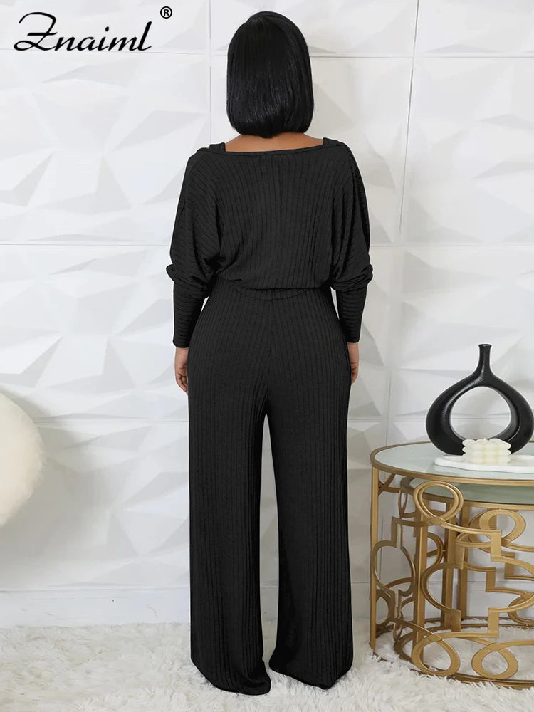 Znaiml Blue Knitted Ribber Wide Leg Pants Jumpsuits and Crop Coat Tops Two 2 Piece Women Sets Autumn Streetwear Birthday Outfits