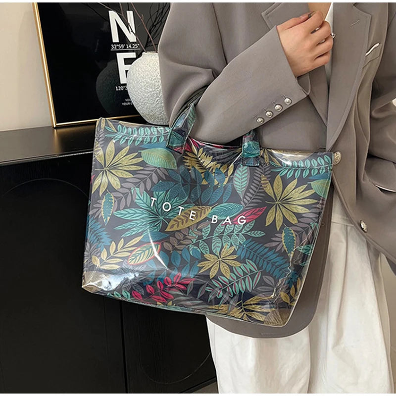 Leaf Print Handbag Pvc Fashion Transparent Waterproof Fashion High-end Shoulder Bag Large Capacity Commuter Tote Bag Shop Bag