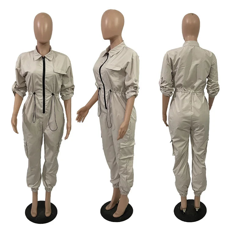 CM.YAYA Women Safari Style Short Sleeve Zipper Fly Pocket Side INS Zipper Fly Jumpsuit Fashion Casual One Piece Suit Playsuit