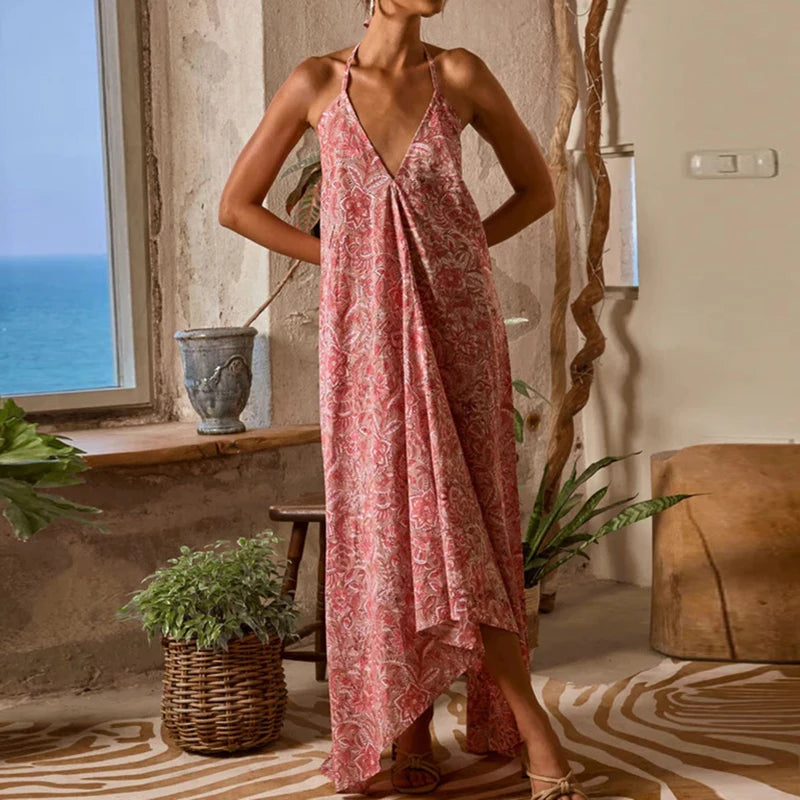Fashion Hollow Out Backless Party Dress Bohemian Sleeveless Suspender Sexy Dress Vintage Floral Print Halter Women's Long Dress