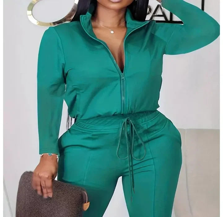 Elegant Jump Suits for Women New Fashion Zipper Design Drawstring Flared Long Sleeves Bodysuit Pants 2024 Autumn Winter Spring