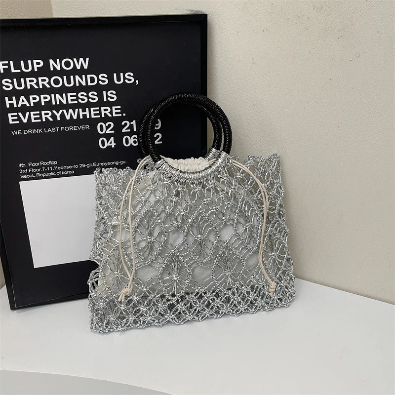 Eco Friendly Woven Round Handle Hollow Out Craft Paper Handbag for Women