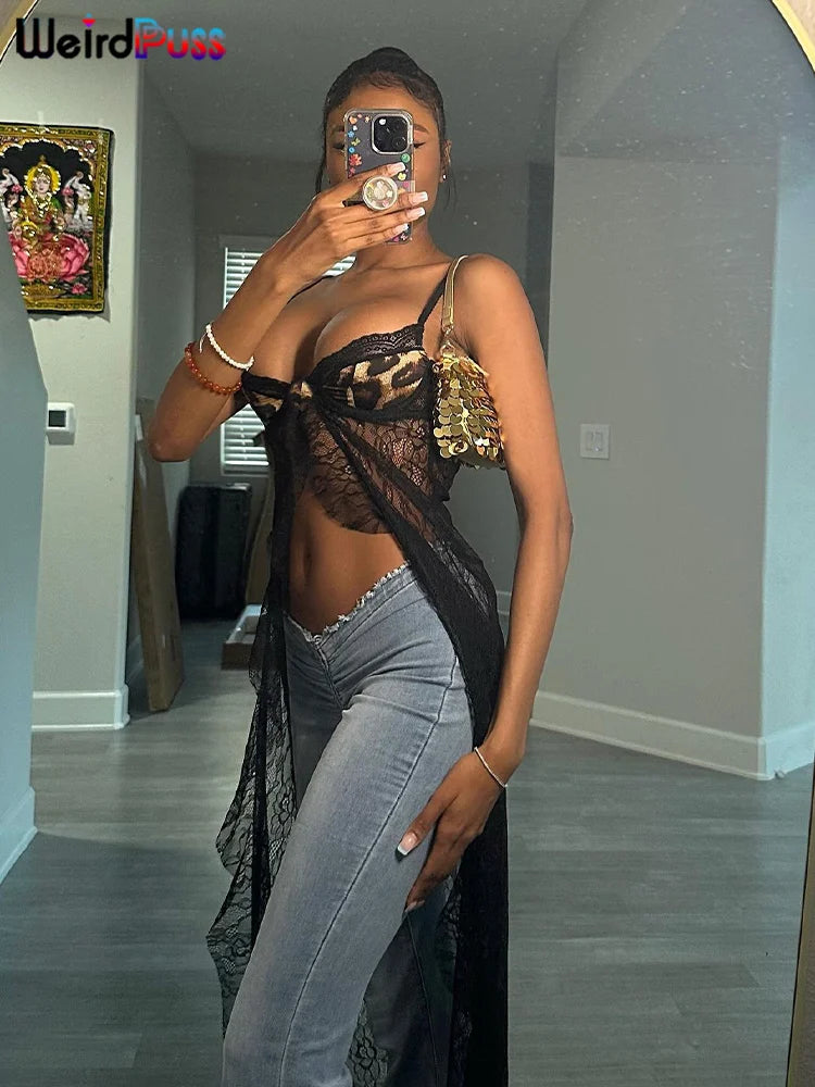 Weird Puss Backless Sexy Women Camisole Leopard Mesh Patchwork Ruffles Sexy Club Party Midnight Hot Girls Wild Coquette Maxi Top