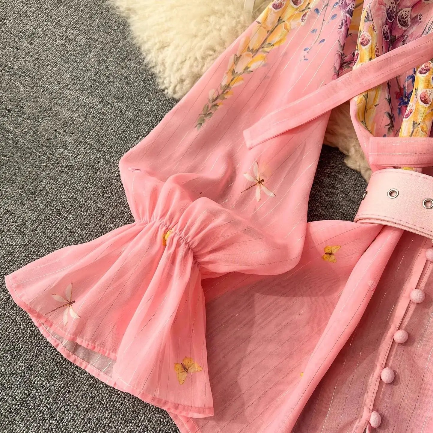Women's Outfits Bright Silk Chiffon Shirt Blouse Top + Belt Shorts Two Piece Sets Summer Holidays Lavender Flower Shorts Suit