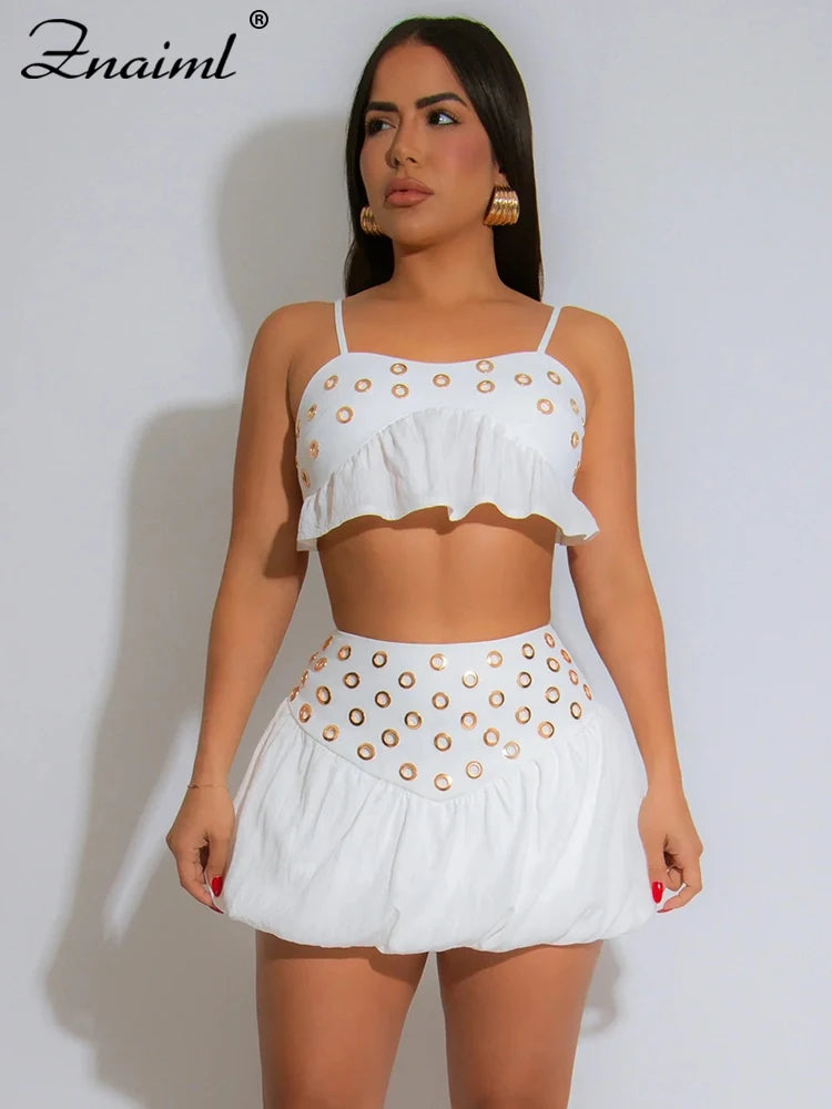 Znaiml Sexy Summer Beach Vacation Women Spaghetti Strap Crop Top and Mini Skirts 2 Pieces Set Fashion Night Club Bar Dance Suits