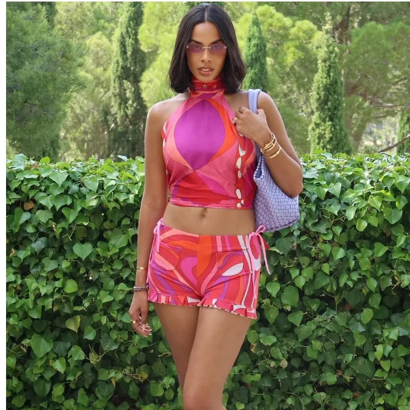 Print Irregular Women's Short Skirt Suits Halter Lace Up Backless Sleeveless Tank Top High Waist Sets Summer Lady Beach Outfits
