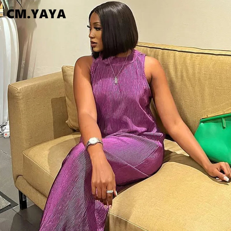 CM.YAYA Fashion Pleated Draped Women Set Sleeveless Tops + Wide Leg Pants 2025 Summer Two 2 Piece Sets Africa Outfits Tracksuit