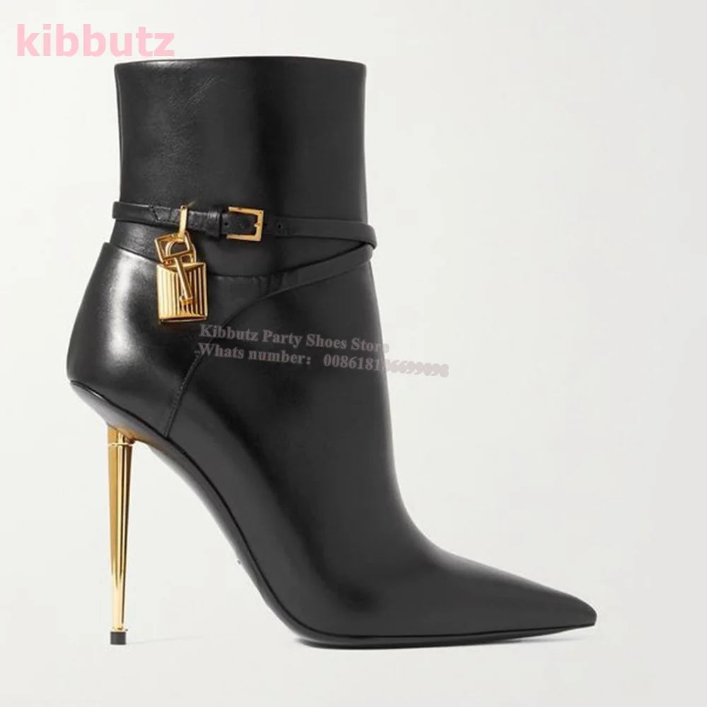 Metal Padlock Key Ankle Boots Genuine Leather Solid Color Pointed Toe Thin Heel Suede Side Zipper Fashion Runway Show Elegant