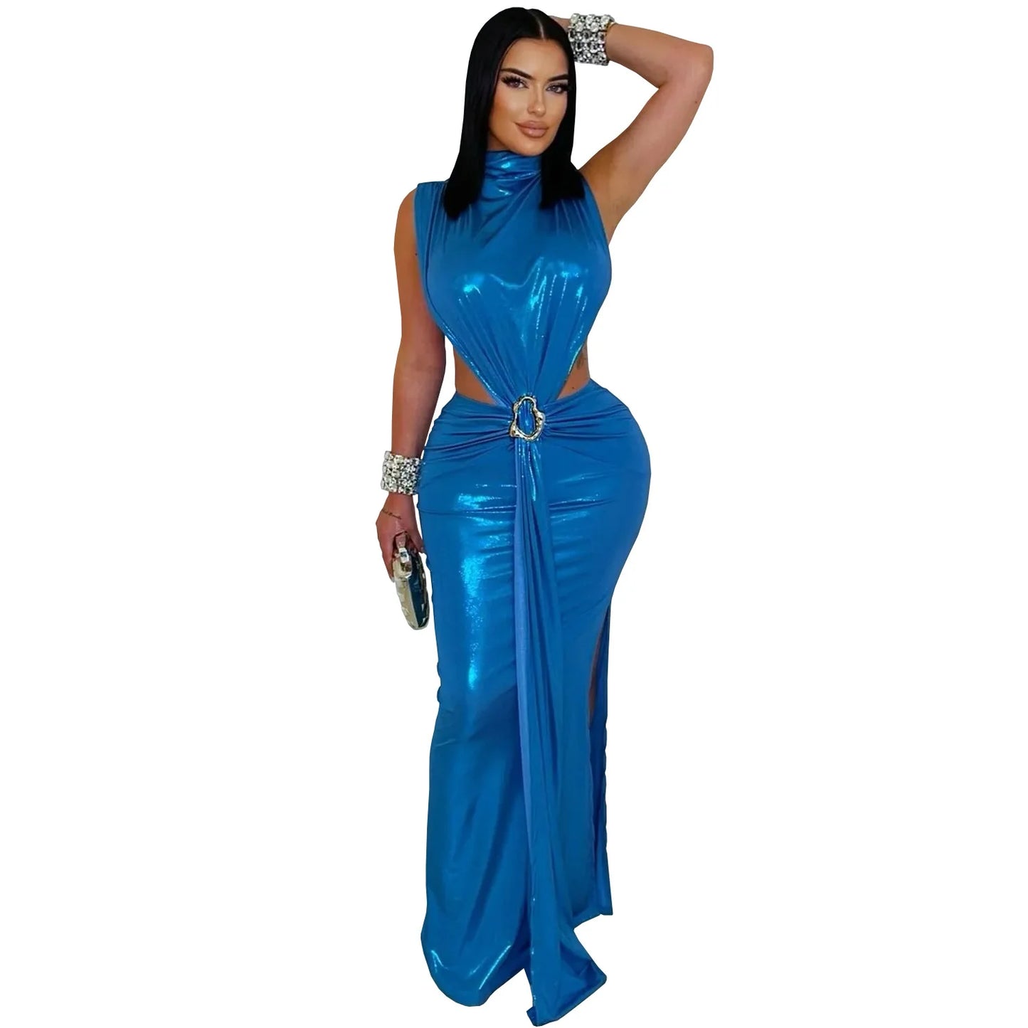 CM.YAYA Women Gilding Sleeveless Cutout Bodycon Midi Maxi Long Dress 2025 Summer Beach Vacation Party Birthday Sexy Dresses