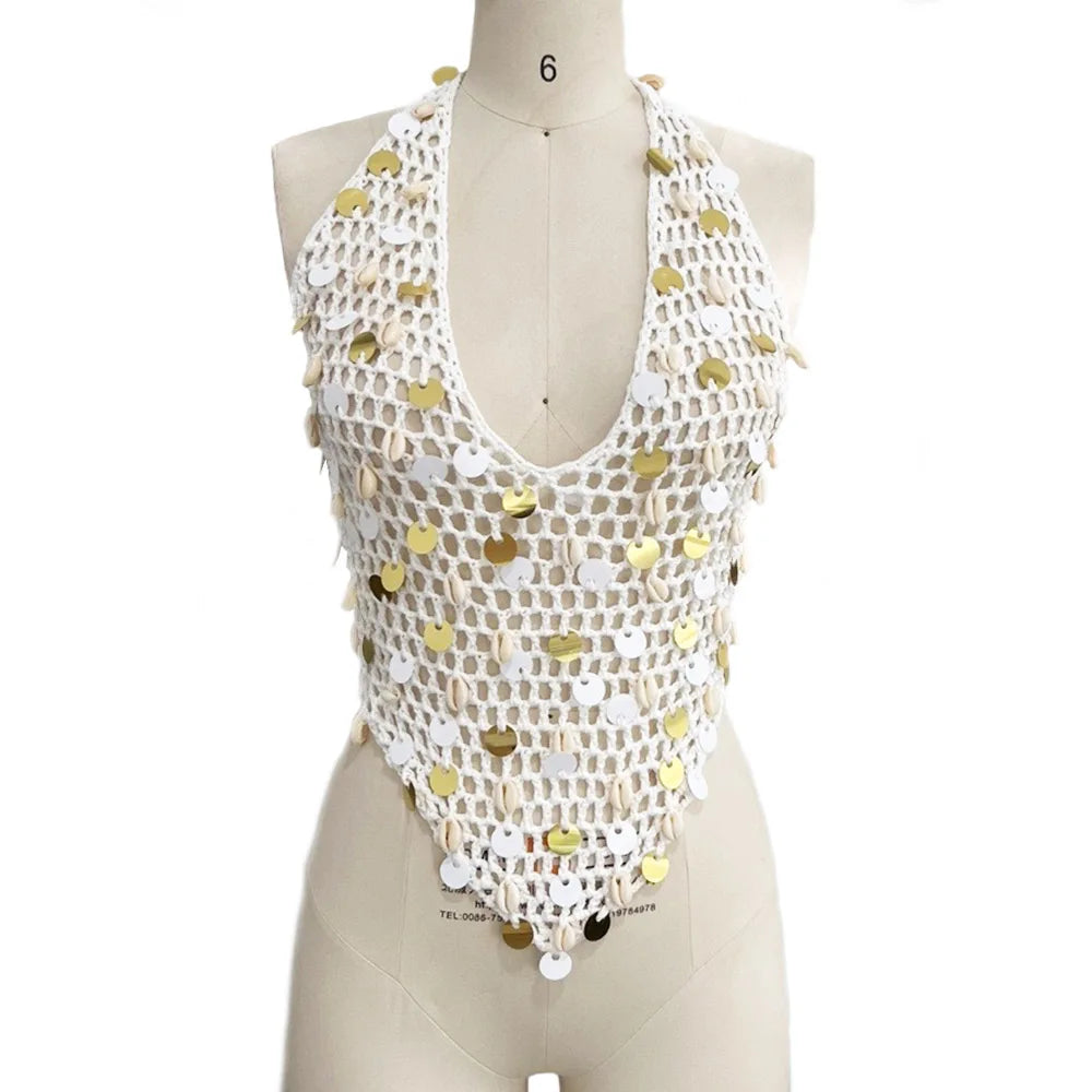Sequin Crochet Halter Beach Two Piece Set for Women