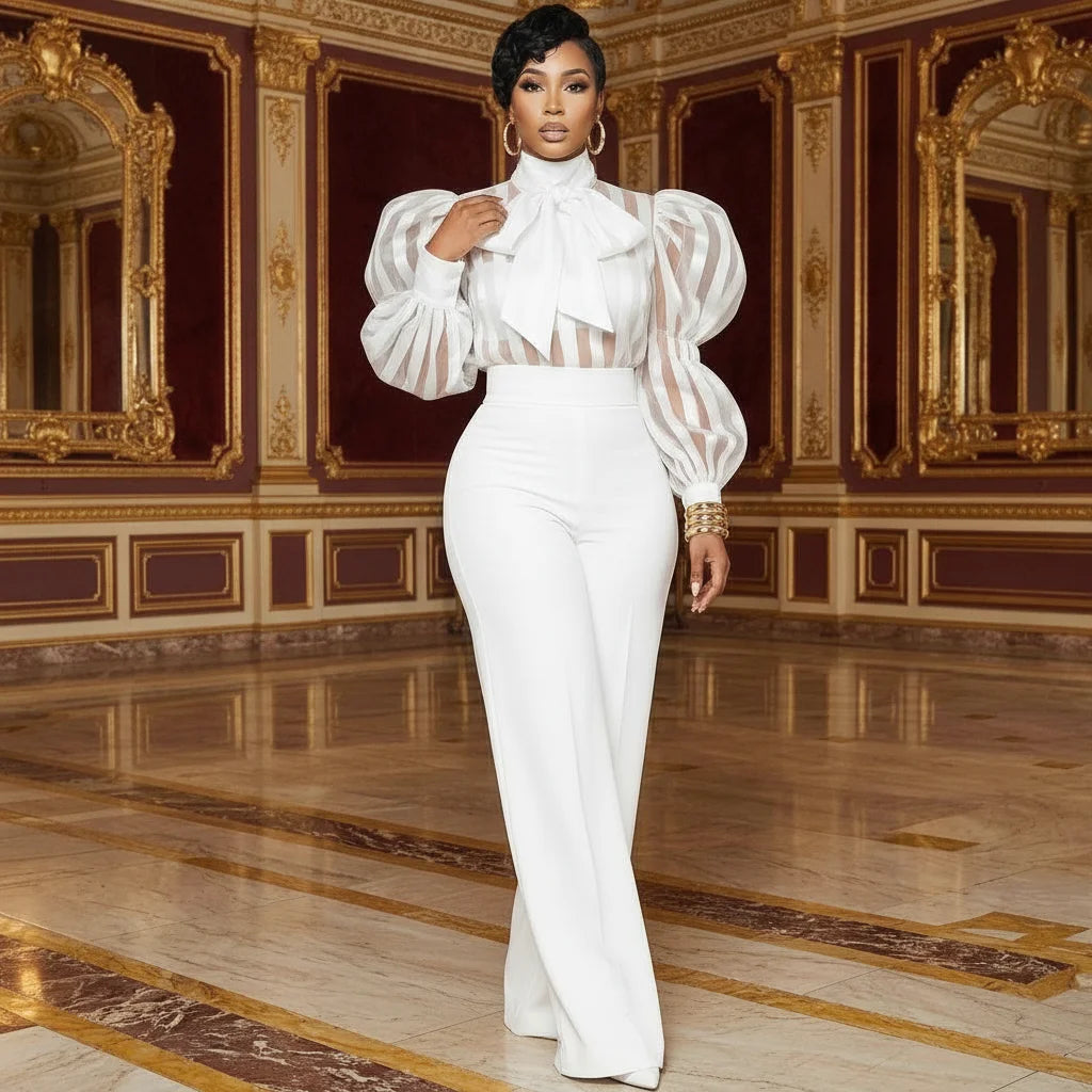 Women High Neck Bow Puff Long Sleeve Sheer Striped Shirt And High Waist Wide Leg Pants Outfit For Formal Dinner Wedding Occasion