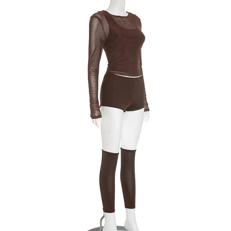 Weird Puss Sexy Casual 3 Piece Set Mesh Full Sleeve o-Neck Crop Tops+Shorts+Foot Cover Matching Autumn Trend Streetwear Outfits