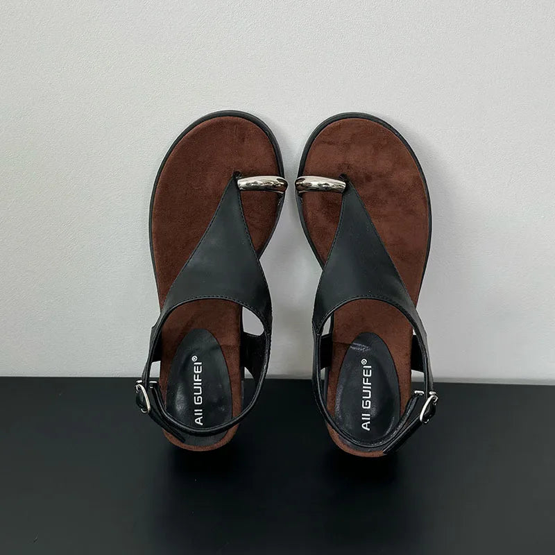 Spring Summer Fashion Metal Ladies Wedges Sandals Shoes Female Buckle Strap Women Wedges Sandals Heeled Shoes Flip flops