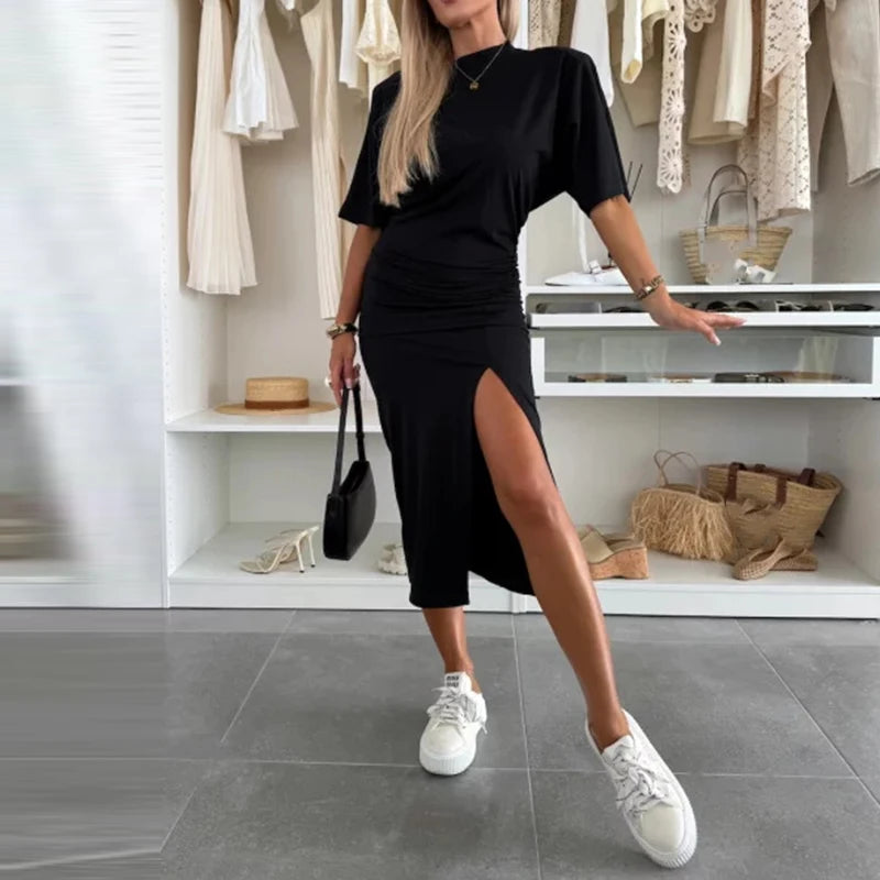 Simple Solid Split Commuting Dress Elegant Wrap Hip Party Long Dresses for Women Casual O Neck Short Sleeved Waist Summer Dress