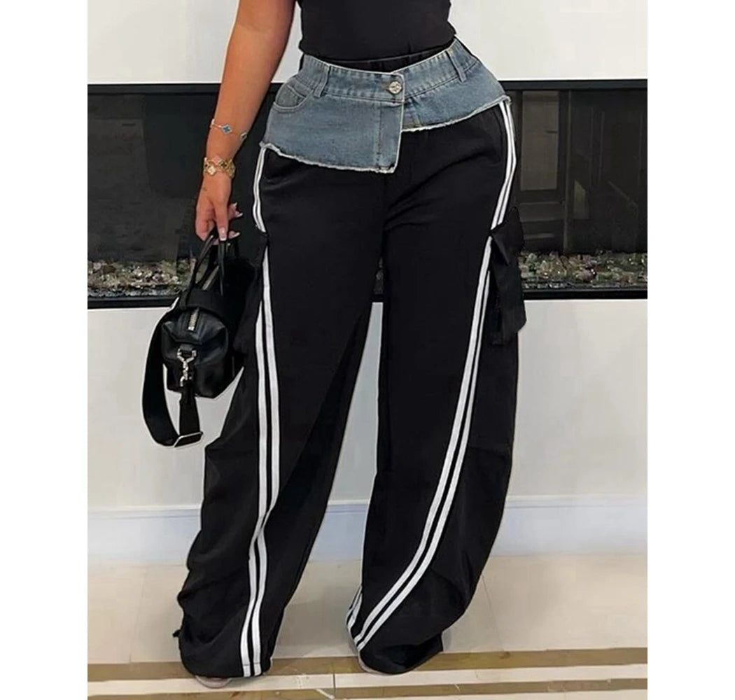 Women's Denim Patchwork Pockets Cargo Pants Side Stripes Wide Leg Casual Streetwear Sweatpants Sports Wear