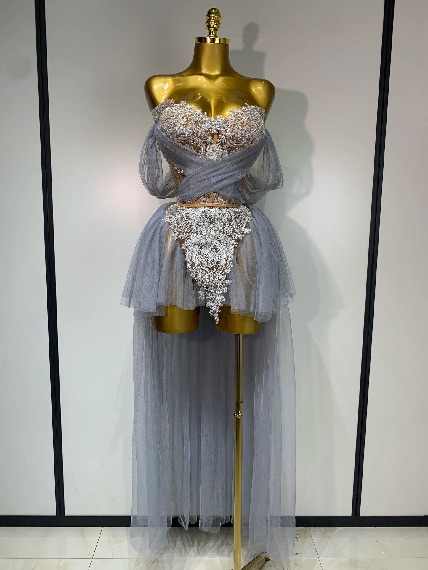 2025 New Arrived Sexy Cute Mesh Tops Skirt 2 PCS Set Women Celebrate Party Birthday Nightclub Performance Stage Show Outfit