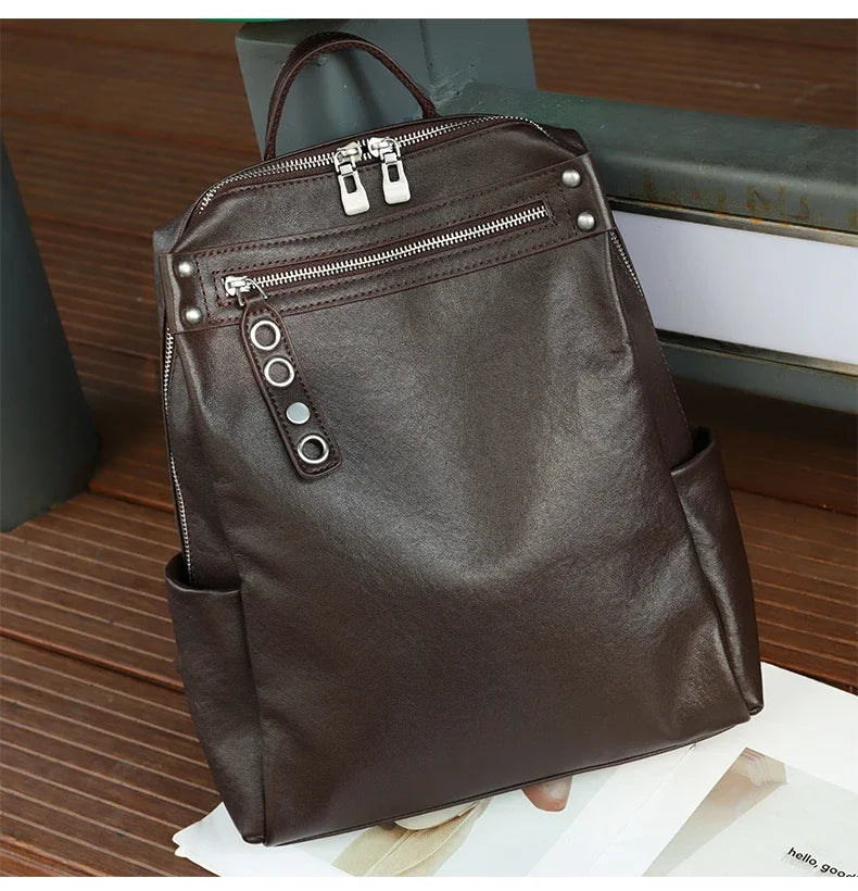 Women's Natural Cow Leather Backpacks Lady Cowhide Design Large Capacity Bags Female Retro Fashion Versatile Backpacks Ladies