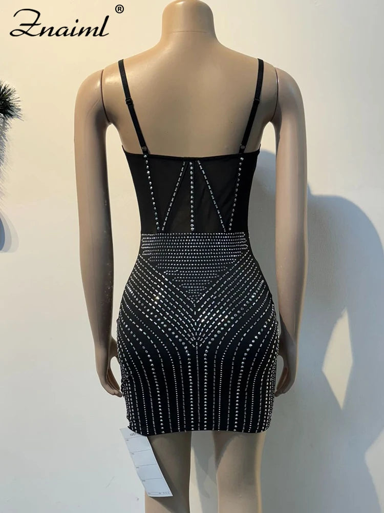 Znaiml Luxury Women Red Mesh See Though Diamonds Spaghetti Strap Sleeveless Bodycon Mini Dress Sexy Birthday Night Club Vestidos