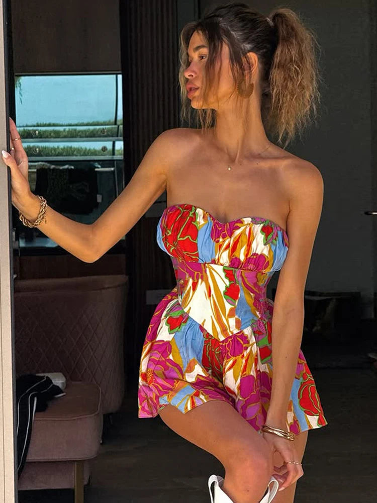 Weird Puss Colorful Print Strapless Dress Women Sexy Off Shoulder Backless Ruched Ruffles Vacation Y2K Sweet Style Mini Bodycon