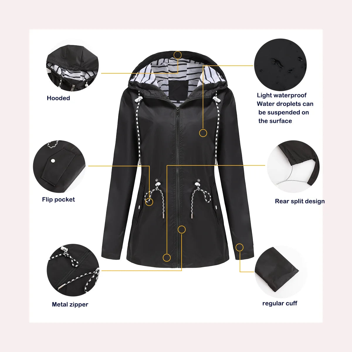 Women Outdoor Windbreaker Casual Loose Hooded Waterproof Raincoat Long Sleeve Solid Color Mid-length Zipper Hiking Jackets